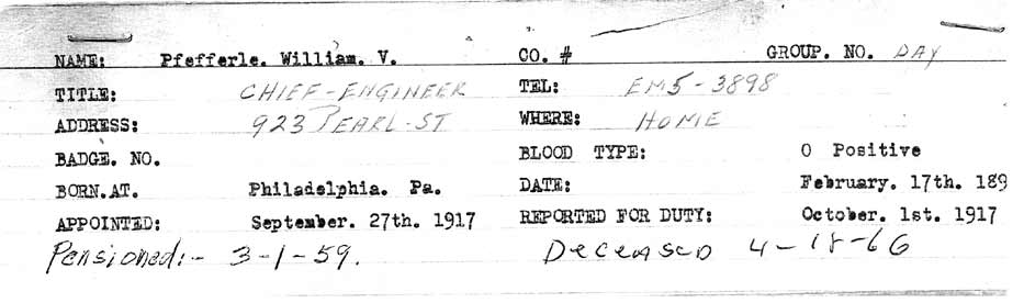 William V. Pfefferle fire department service record card (front)