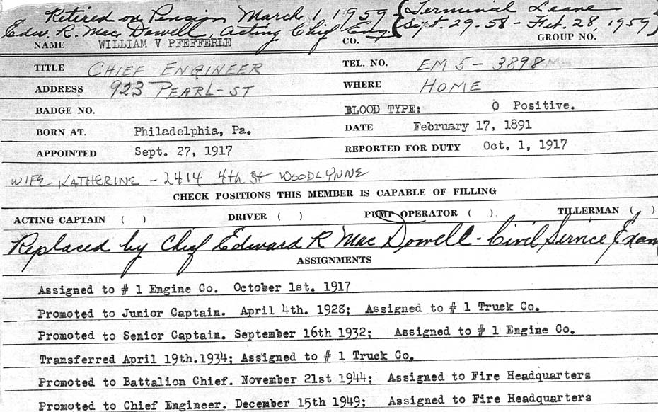 William V. Pfefferle fire department service record card (assignments)