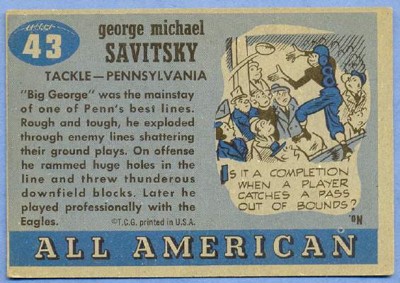 George Savitsky, 1955 Topps football card (reverse)