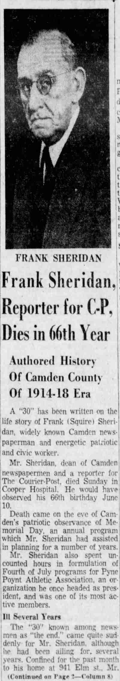 Camden Courier-Post obituary for Frank Sheridan, May 31, 1954