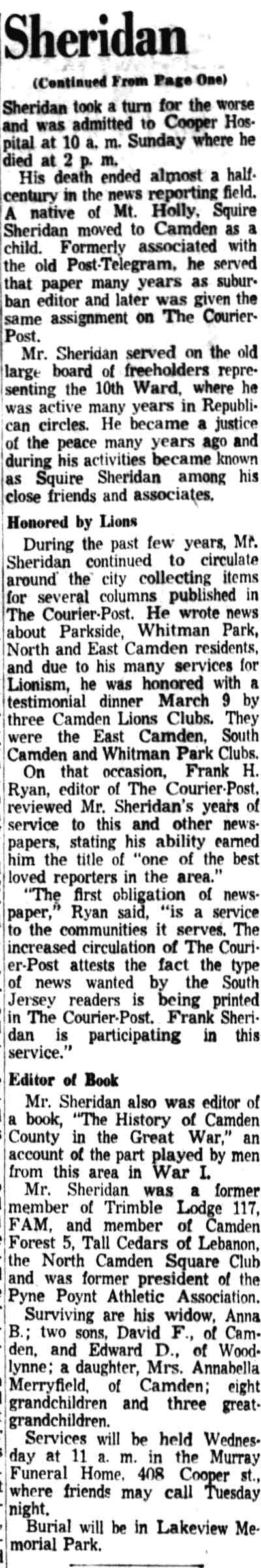Camden Courier-Post obituary for Frank Sheridan, May 31, 1954, continued