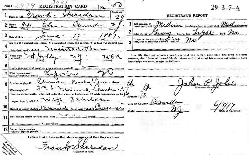 Frank Sheridan World War I Draft Card