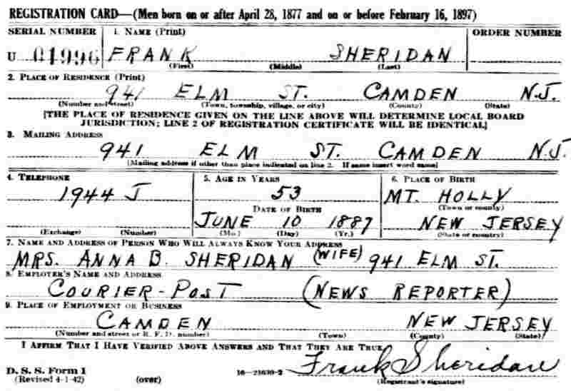 Frank Sheridan World War II Draft Card