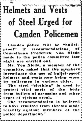 Camden Courier, February 12, 1922, Helmets and Vests of Steel Urged for Camden Policemen