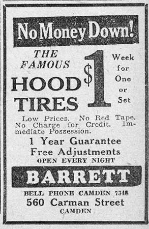 Barrett Tire Company advertisement at 560 Carman Street, Camden — Camden Courier-Post, March 28, 1932