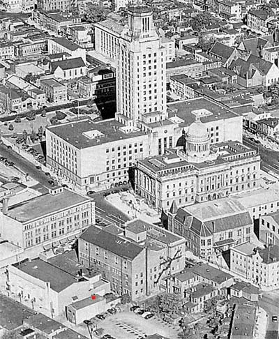 Downtown Camden aerial, 1957, with red dot indicating location of Roy Steele's Tavern at 565 Carman Street