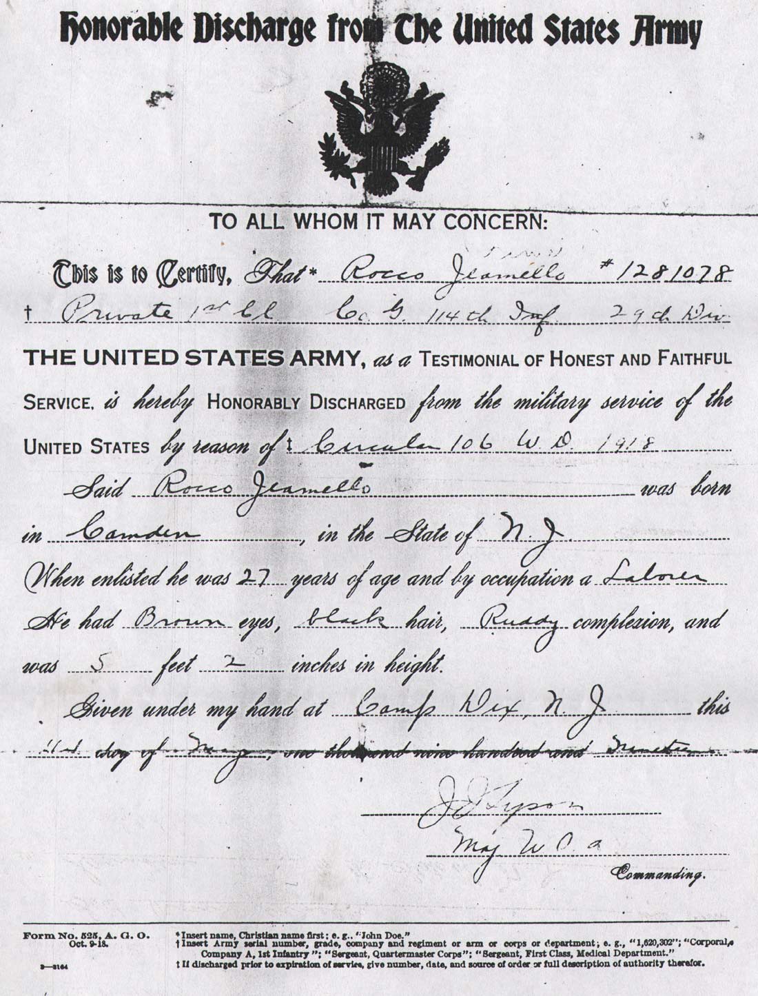 Rocco Gimello Army Discharge document