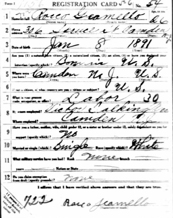 Rocco Gimello WWI Draft Card — front