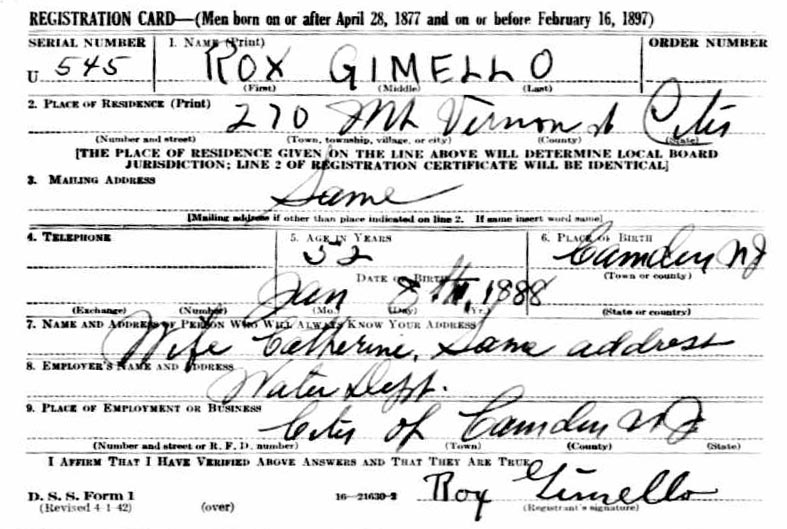 Rocco Gimello WWII Draft Card