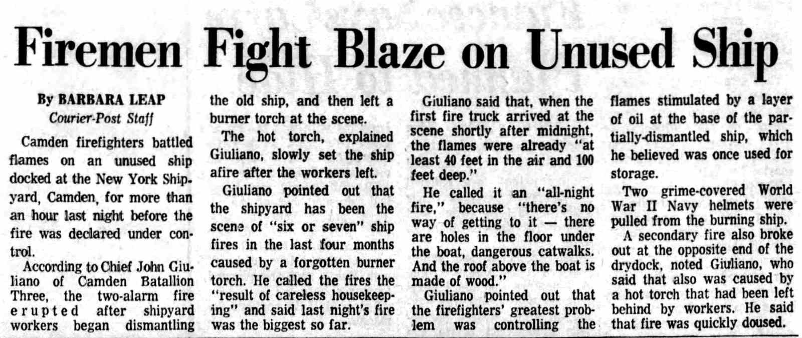 Firemen Fight Blaze on Unused Ship — New York Shipyard, Camden, January 1974
