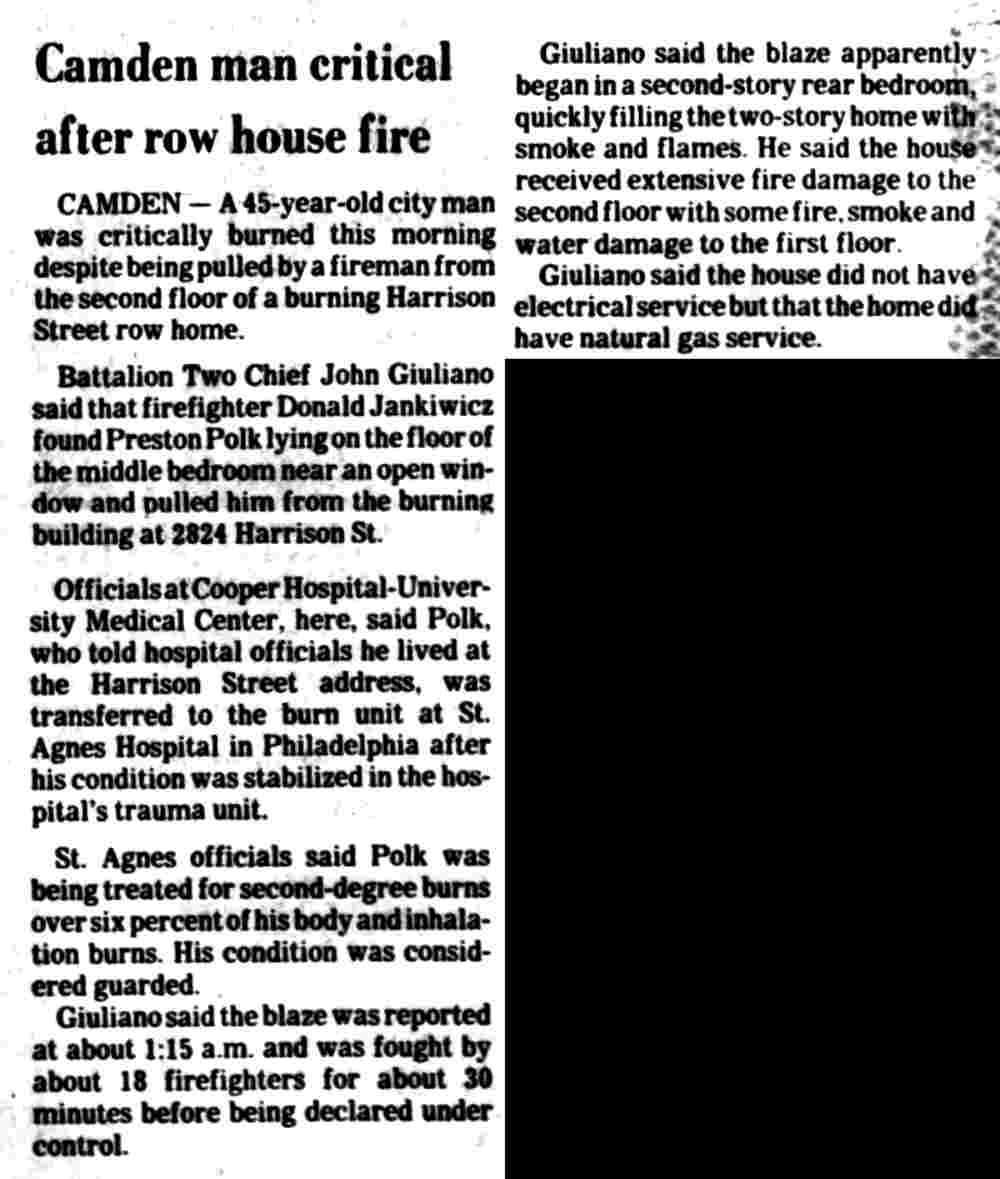 Camden man critical after row house fire on Harrison Street, February 5, 1985