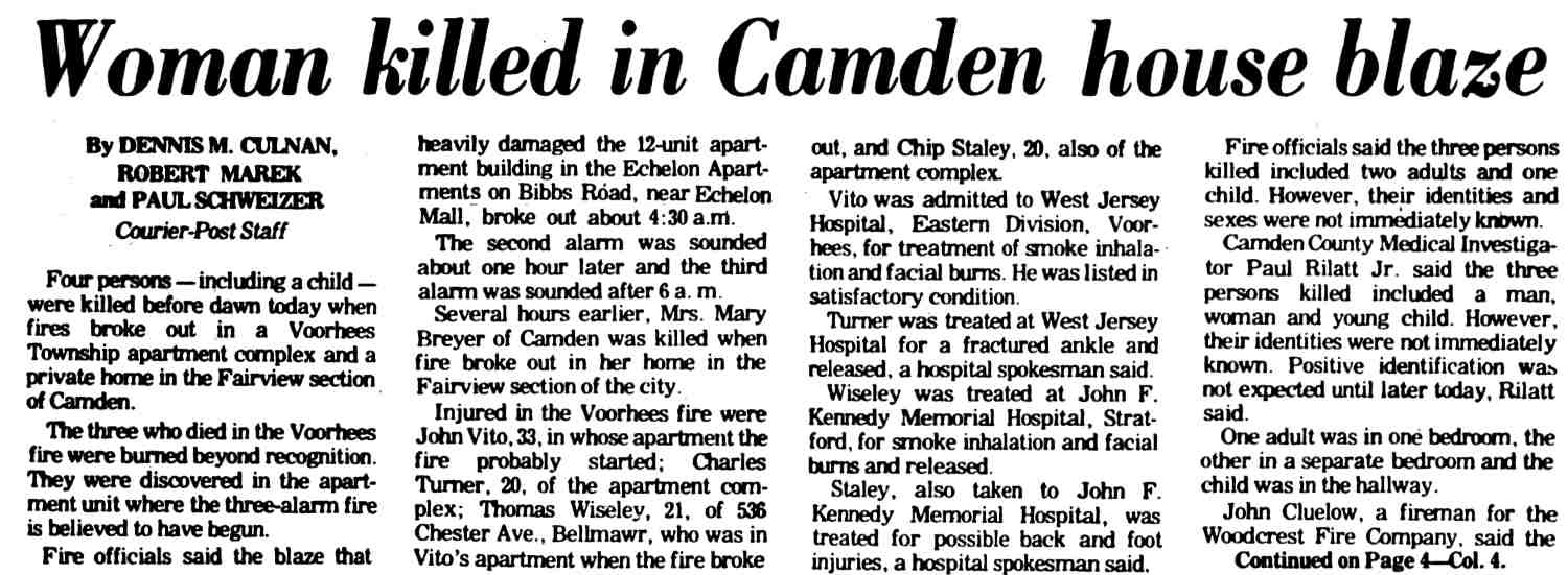 Woman killed in Camden house blaze — Niagara Road, Mary Breyer, February 1976
