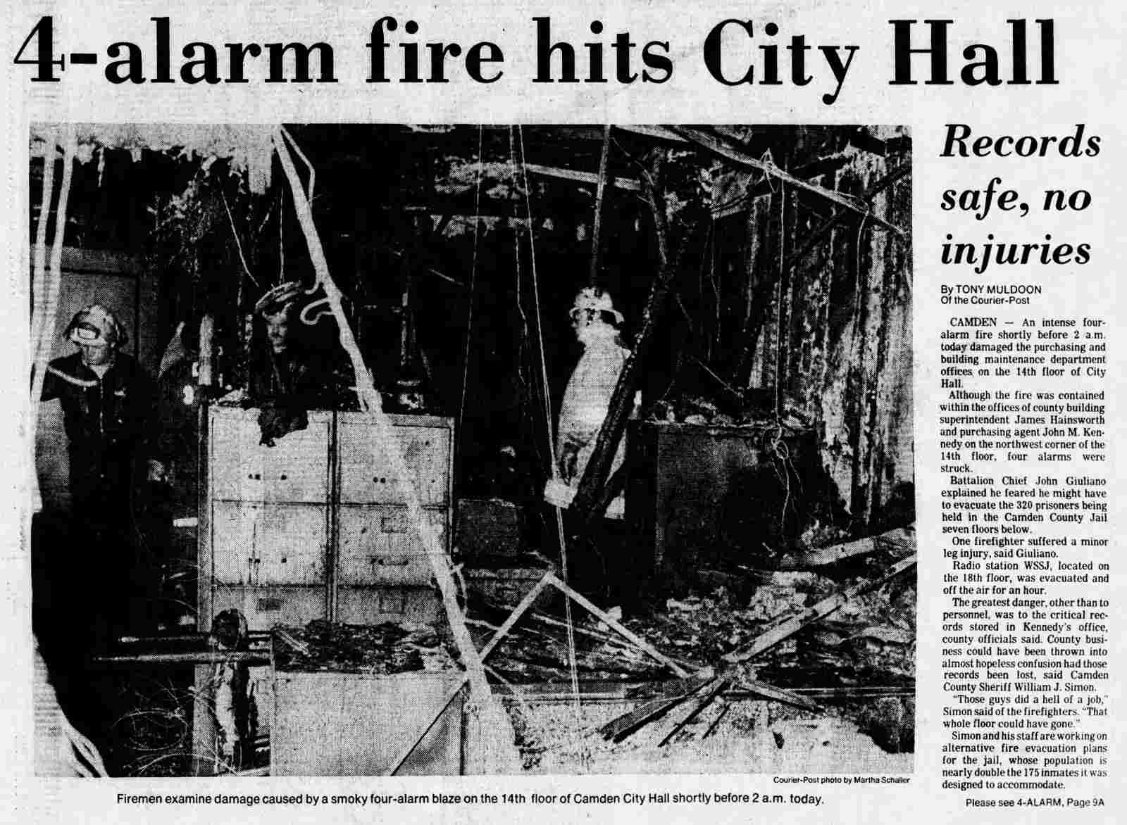 4-alarm fire hits City Hall, Camden Courier-Post, February 10, 1982
