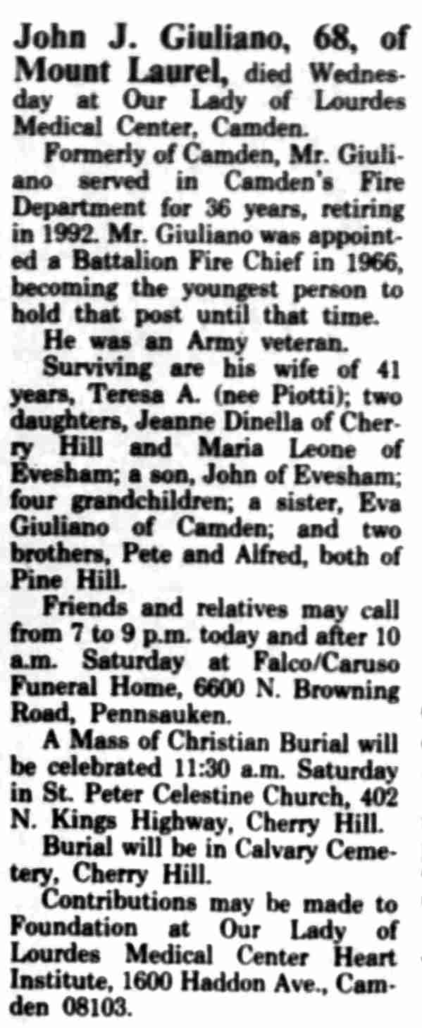 Obituary: John J. Giuliano, 68, of Mount Laurel — Camden Courier-Post, May 17, 1996