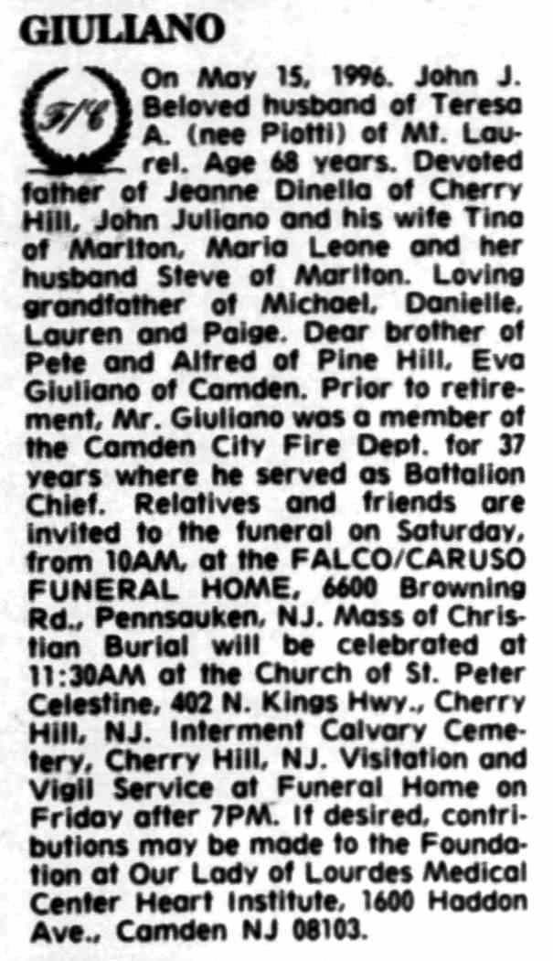 Death notice: Giuliano — John J., May 15, 1996