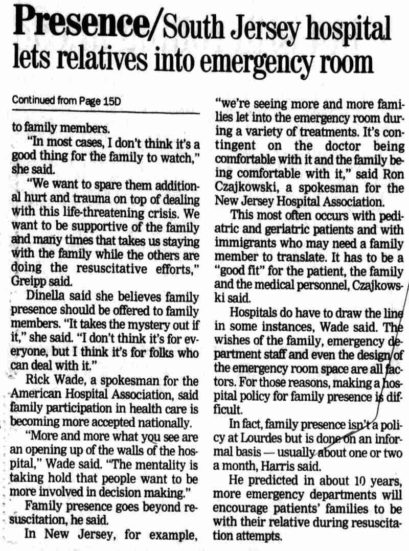 Presence: South Jersey hospital lets relatives into emergency room — continued