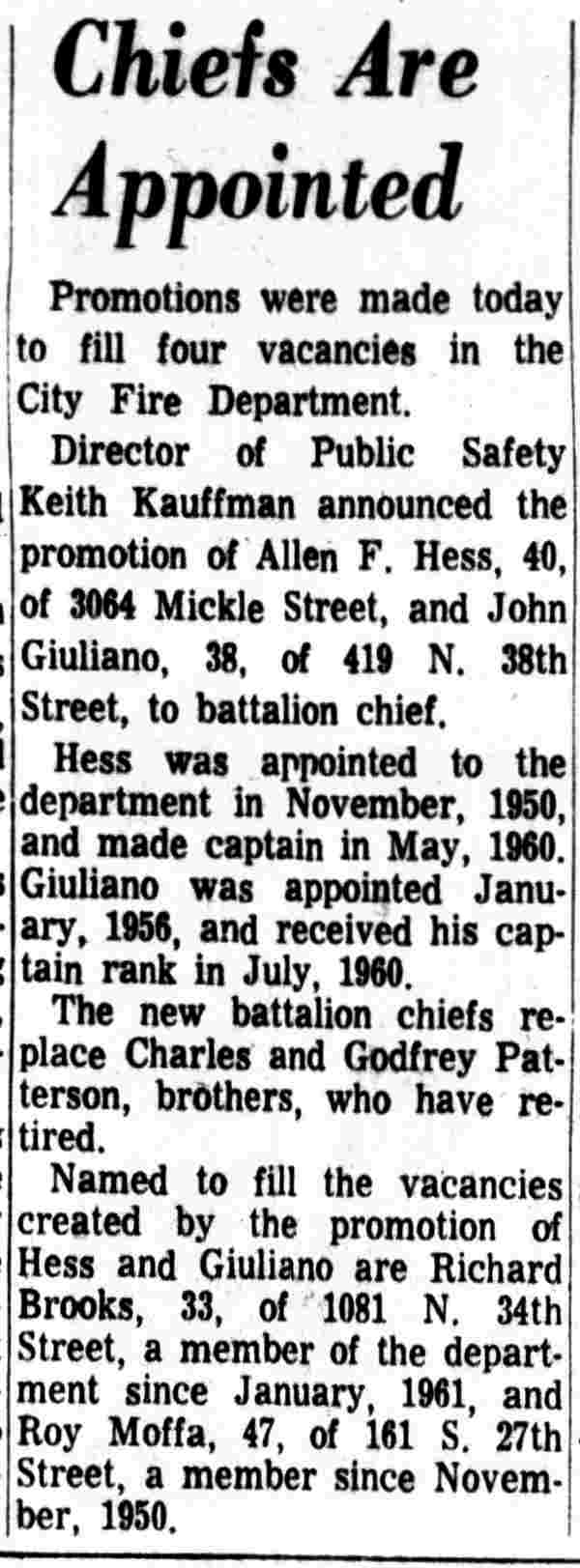 Camden Courier-Post, June 14, 1966 — Chiefs Are Appointed