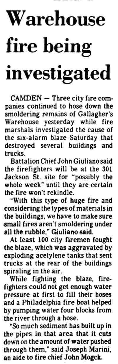 Aftermath of the Eavenson & Levering warehouse fire, Jackson Street, Camden