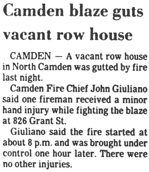 Fire on Grant Street, Camden, September 19, 1981