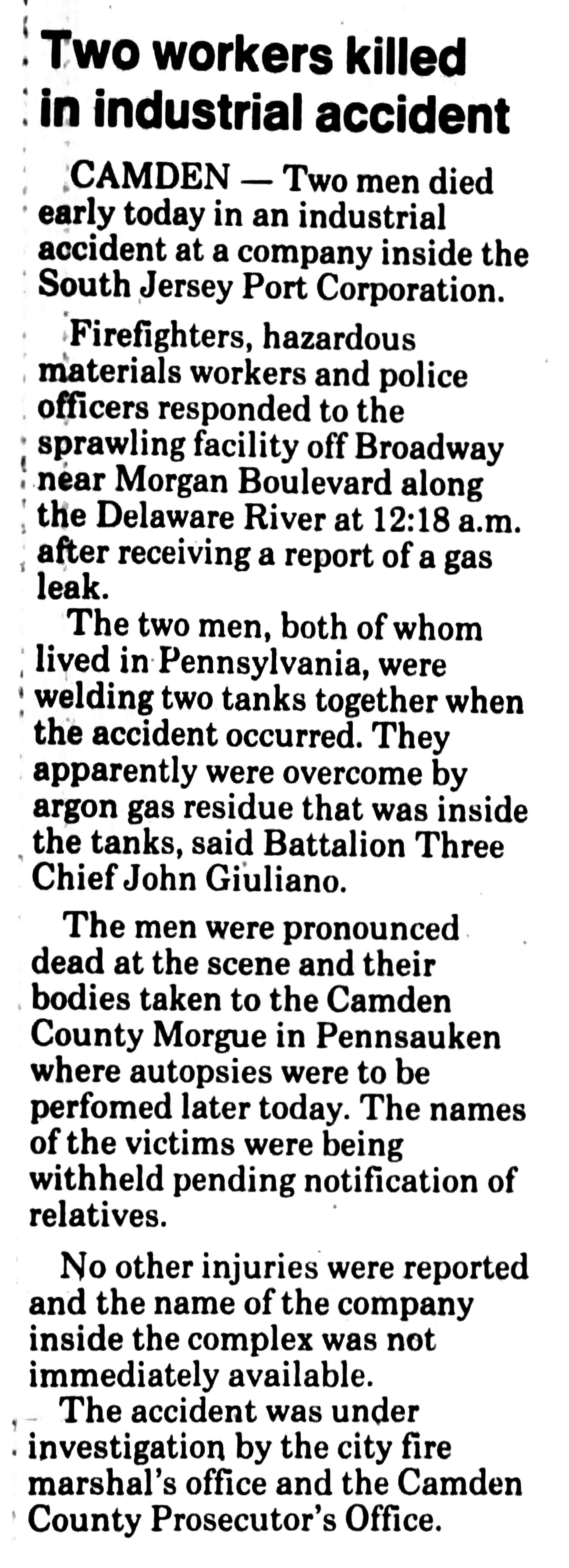 Two workers killed in industrial accident at South Jersey Port Corporation, Camden, October 18, 1990