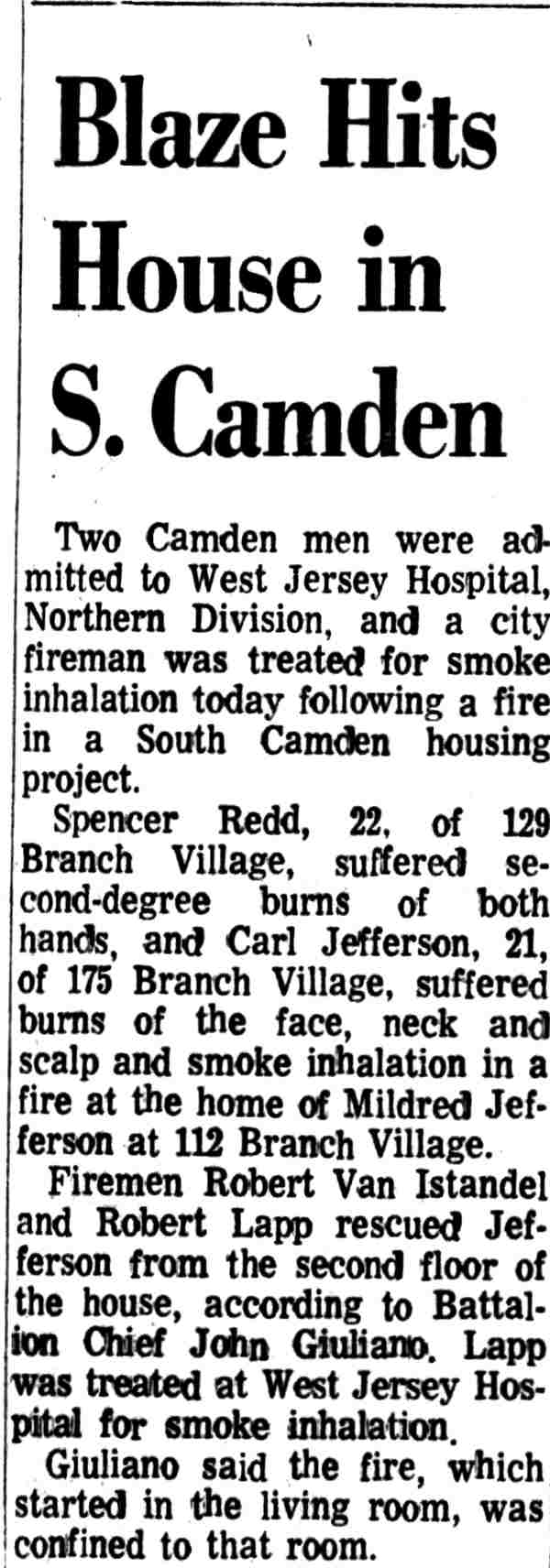 Branch Village, West Jersey Hospital — South Camden house fire, December 1971