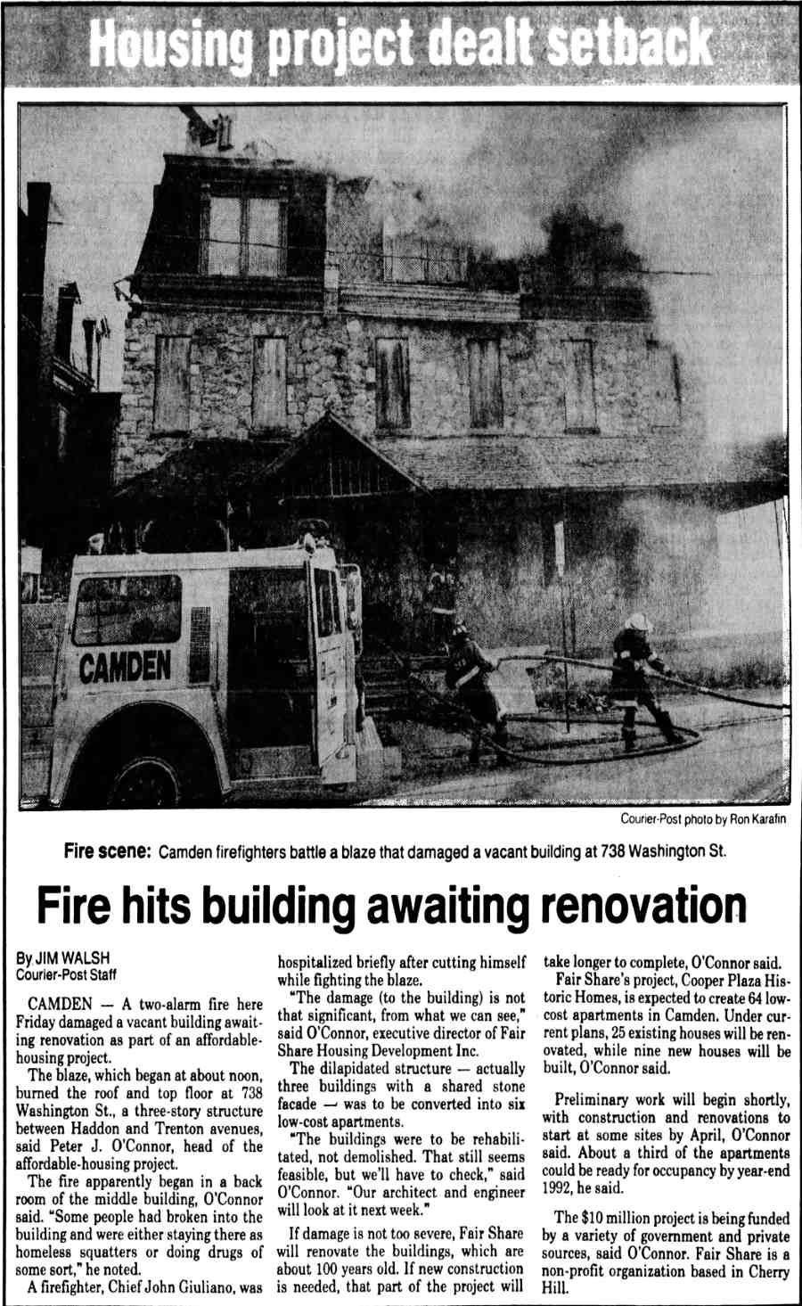 Two-alarm fire damages vacant building at 738 Washington Street, Camden, December 1991 — Fair Share Housing Development