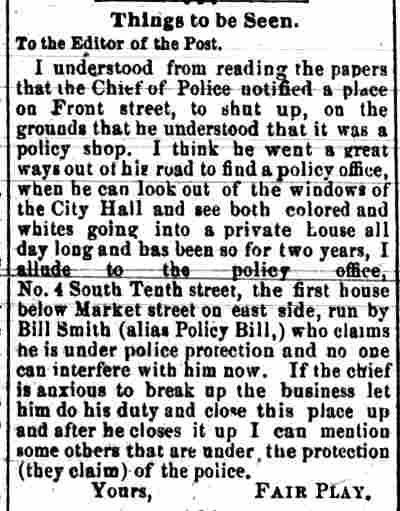 Camden Post, January 2, 1886 — Policy arrest of William 'Policy Bill' Smith on South 10th Street
