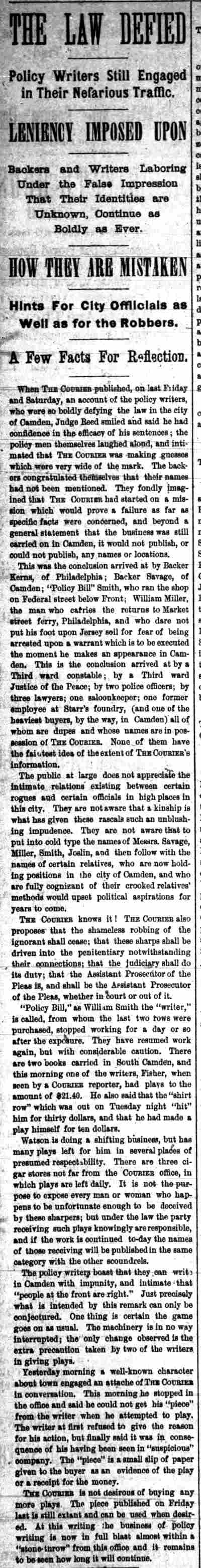 Camden Daily Courier, January 4, 1883 — Policy arrests of William 'Policy Bill' Smith, William Miller, Kerns, Savage, Joslin, and Charles T. Reed