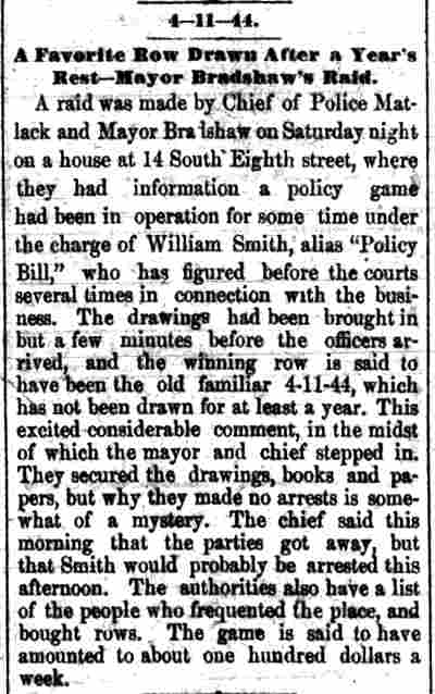 Camden Daily Courier, January 4, 1886 — Policy arrest of William 'Policy Bill' Smith, Harriet Smith, Claudius Bradshaw on South 8th Street; Josiah Matlack