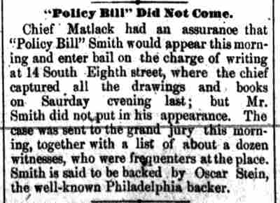 Camden Daily Courier, January 5, 1886 — Policy arrest of William 'Policy Bill' Smith, Harriet Smith, Claudius Bradshaw, Josiah Matlack, Oscar Stein on South 8th Street