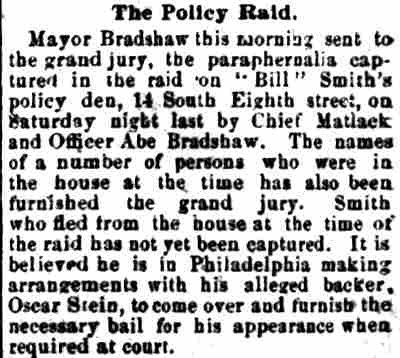 Camden Post, January 5, 1886 — Policy arrest of William 'Policy Bill' Smith, Harriet Smith, Claudius Bradshaw, Abraham Bradshaw, Josiah Matlack, Oscar Stein on South 8th Street