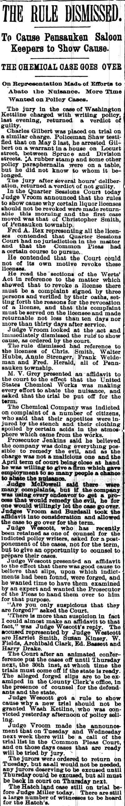 Camden Post, January 24, 1896 — Policy arrest of Washington Ketline, Charles Gilbert, Harriet Smith, Sue Smith Kinsey, Archie Clark, Edward Bassett, Harry Drake, Willoughby 'Dad' Fields, Albert Shaw, John W. Wescott
