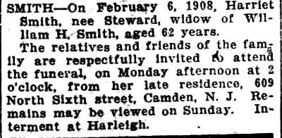 Camden Daily Courier, February 7, 1908 — Death notice for Harriet Smith; North 6th Street