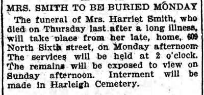 Camden Daily Courier, February 8, 1908 — Funeral notice for Harriet Smith; North 6th Street