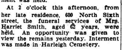 Camden Daily Courier, February 10, 1908 — Burial notice for Harriet Smith at Harleigh Cemetery; North 6th Street