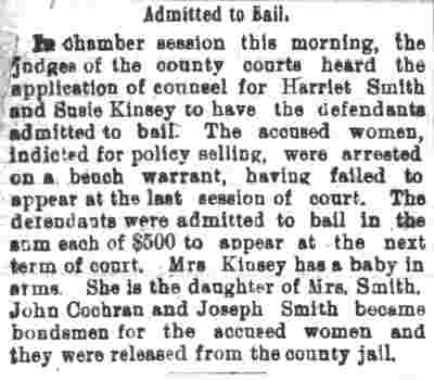 Camden Daily Courier, February 11, 1896 — Harriet Smith and Susan Kinsey arrested; John Cochran, Joseph Smith