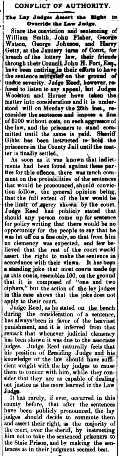 Camden Post, February 21, 1883 — Policy arrests including William 'Policy Bill' Smith, Harriet Smith, John Fisher, George Watson, George Johnson, Harry Getty, John H. Fort, Charles T. Reed, Isaiah S. Woolston, Joel Horner, Theodore B. Gibbs