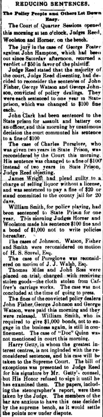 Camden Post, February 26, 1883 — Policy arrests including William 'Policy Bill' Smith, Harriet Smith, John Fisher, George Watson, George Johnson, Harry Getty, John Clark, Charles Pursglove, James Wright, J.J. Walsh, Isaiah S. Woolston, Henry S. Scovel, Joel Horner, Theodore B. Gibbs, Thomas Miles, John Ross, Doc Quinn, Caffrey's Carriage Works