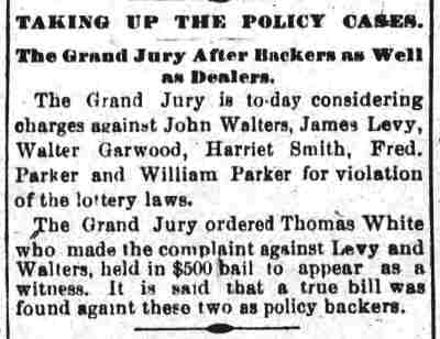Camden Daily Telegram, April 24, 1895 — Policy indictment of Harriet Smith, Walter Garwood, John Walters, Fred Parker, William Parker, James Levy, Thomas White