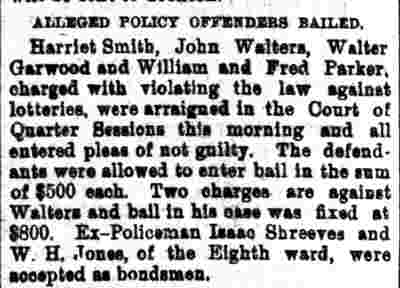 Camden Daily Courier, May 2, 1895 — Policy trial of Harriet Smith, Walter Garwood, John Walters, Fred Parker, William Parker, Isaac Shreeve, William H. Jones