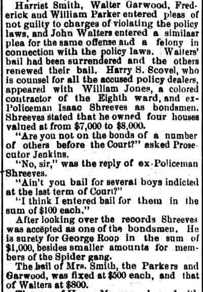 Camden Daily Telegram, May 2, 1895 — Policy trial of Harriet Smith, Walter Garwood, John Walters, Fred Parker, William Parker, Isaac Shreeve, Wilson Jenkins, George Roop, Henry S. Scovel, William Jones