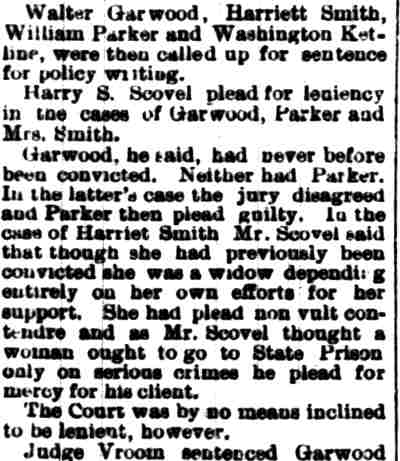 Camden Post, May 24, 1895 — Policy sentencing; Harriet Smith, Walter Garwood, William Parker, Washington Ketline, Henry S. Scovel, J.J. Crandall, Joseph Swing, John Cochran, Taylor Avenue, Pine Street, Garret D.W. Vroom
