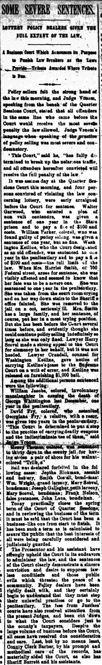 Camden Daily Courier, May 24, 1895 — Policy sentencing; Harriet Smith, Walter Garwood, William Parker, Washington Ketline, Henry S. Scovel, Federal Street, Garret D.W. Vroom, George Barrett, Robert L. Barber