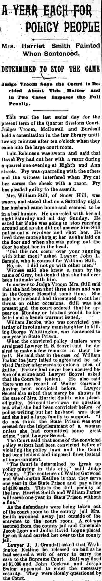 Camden Daily Telegram, May 24, 1895 — Policy sentencing; Harriet Smith sentenced to one year in State Prison