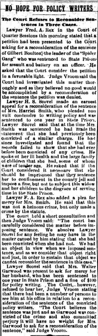 Camden Daily Telegram, May 27, 1895 — Harriet Smith, Frederick Rex, Henry S. Scovel, Garret D.W. Vroom