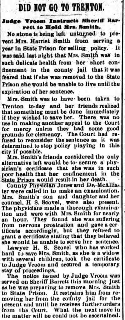 Camden Daily Telegram, June 6, 1895 — Harriet Smith pardon; Henry S. Scovel, Dr. William S. Jones, Dr. Alexander McAllister, George Barrett, Garret D.W. Vroom