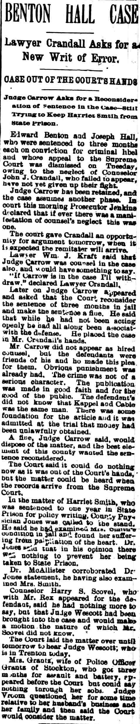 Camden Post June 7, 1895 — Howard Carrow, Harriet Smith case