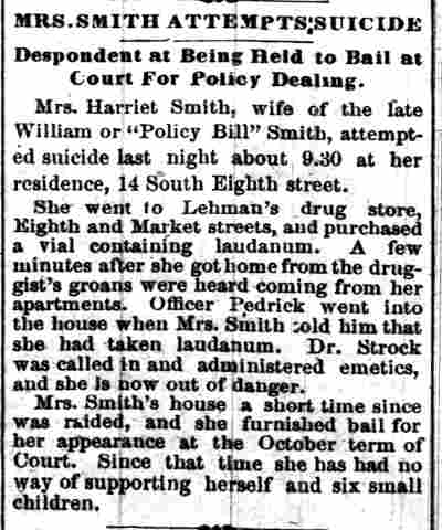 Camden Post, June 29, 1887 — Harriet Smith attempts suicide; William 'Policy Bill' Smith, Dr. Daniel Strock, Charles Pedrick, J. Ehrman Lehman, 800 Market Street, South 8th Street