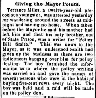 Camden Post, June 30, 1886 — Policy arrest; William 'Policy Bill' Smith, Harry H. Franks, Terrance Miles, Harriet Smith, Jesse Pratt on South 8th Street