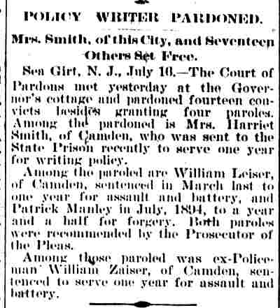 Camden Daily Telegram, July 16, 1895 — Harriet Smith pardon granted; William Zaiser